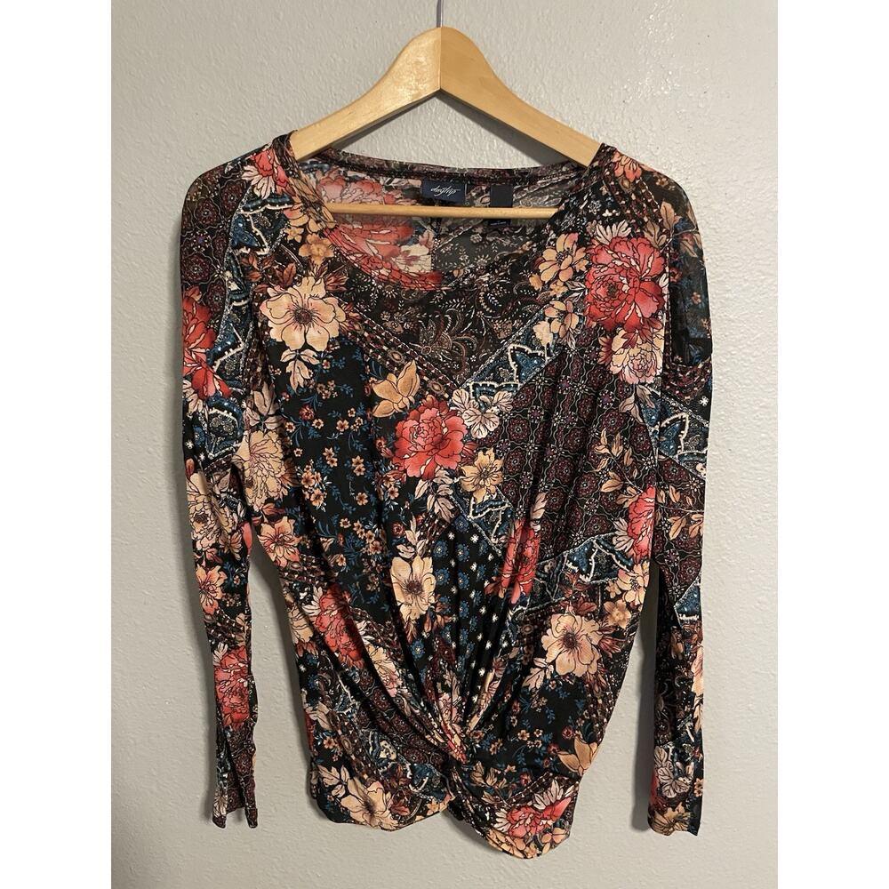 Daytrip Womens Top Small Black Floral Mesh Sheer Faux Wrap Romantic Fairy Y2K